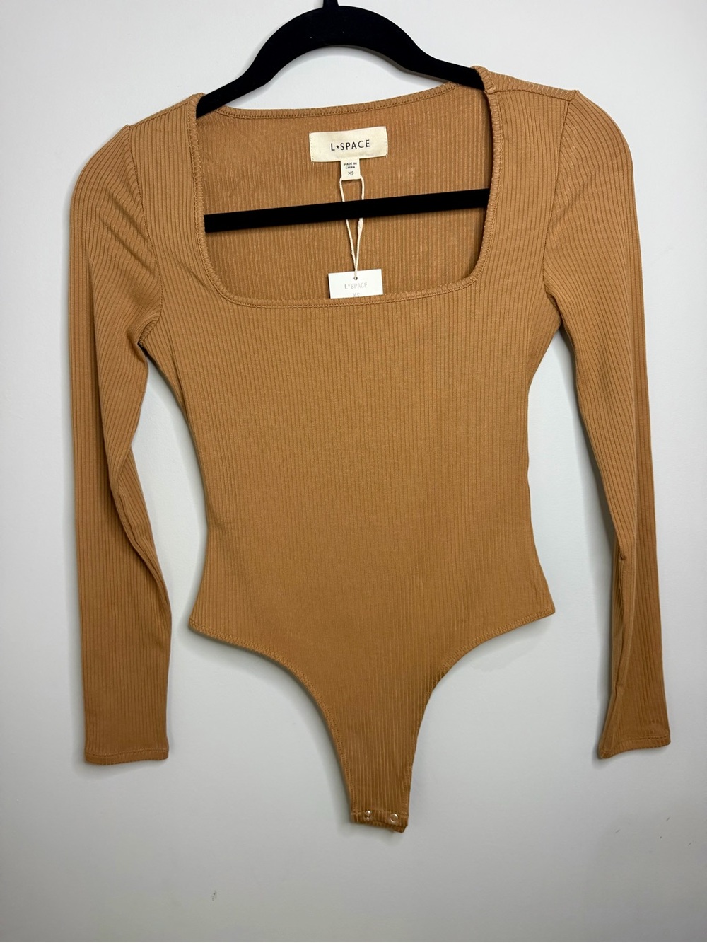 L*Space Amore Ribbed Long-Sleeve Square Neck Bodysuit — Camel
